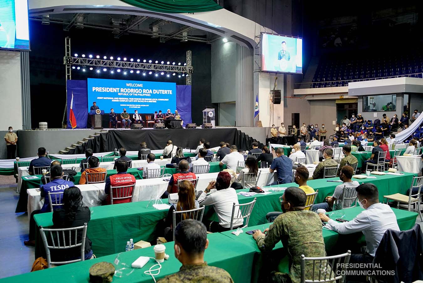 President Rodrigo Roa Duterte delivers his message during the joint National Task Force-Regional Task Force to End Local Communist Armed Conflict IV-A meeting at the Quezon Convention Center in Lucena City, Quezon on October 21, 2021. KING RODRIGUEZ/ PRESIDENTIAL PHOTO