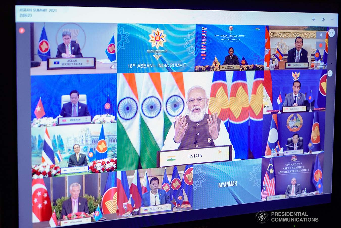 President Rodrigo Roa Duterte together with other leaders from the Association of Southeast Asian Nations (ASEAN) member countries are shown on-screen with India Prime Minister Narendra Modi as the plenary meeting with the Republic of India is live-streamed by this year's host country, Brunei Darussalam, at the Malacañang Palace on October 28, 2021. KING RODRIGUEZ/ PRESIDENTIAL PHOTO