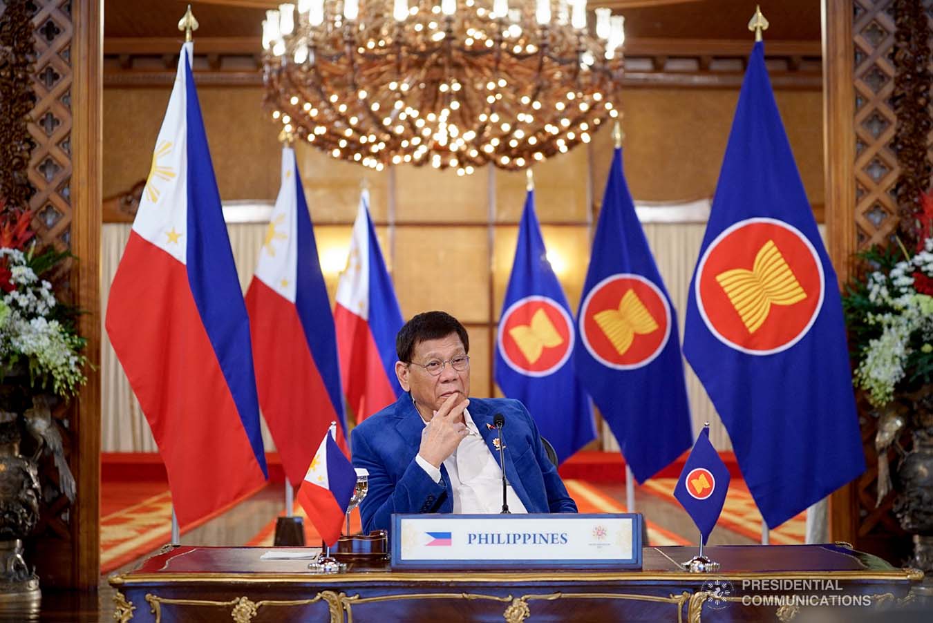 President Rodrigo Roa Duterte joins other leaders from the Association of Southeast Asian Nations (ASEAN) member countries in the virtual 14th Brunei Darussalam–Indonesia–Mallaysia–Philippines East ASEAN Growth Area (BIMP-EAGA) Summit at the Malacañang Palace on October 28, 2021. KING RODRIGUEZ/ PRESIDENTIAL PHOTO