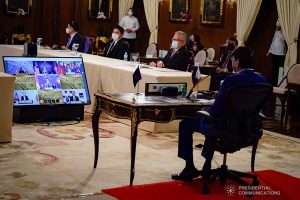 President Rodrigo Roa Duterte is shown on-screen with Brunei Darussalam Sultan Haji Hassanal Bolkiah, Indonesia President Joko Widodo, and Malaysian Prime Minister Ismail Sabri Yaakob as this year's 14th virtual Brunei Darussalam–Indonesia–Malaysia–Philippines East ASEAN Growth Area (BIMP-EAGA) Summit is live-streamed, at the Malacañang Palace on October 28, 2021. With them in the virtual summit are Asian Development Bank president Masatsugu Asakawa and from the ASEAN Secretariat. KING RODRIGUEZ/ PRESIDENTIAL PHOTO