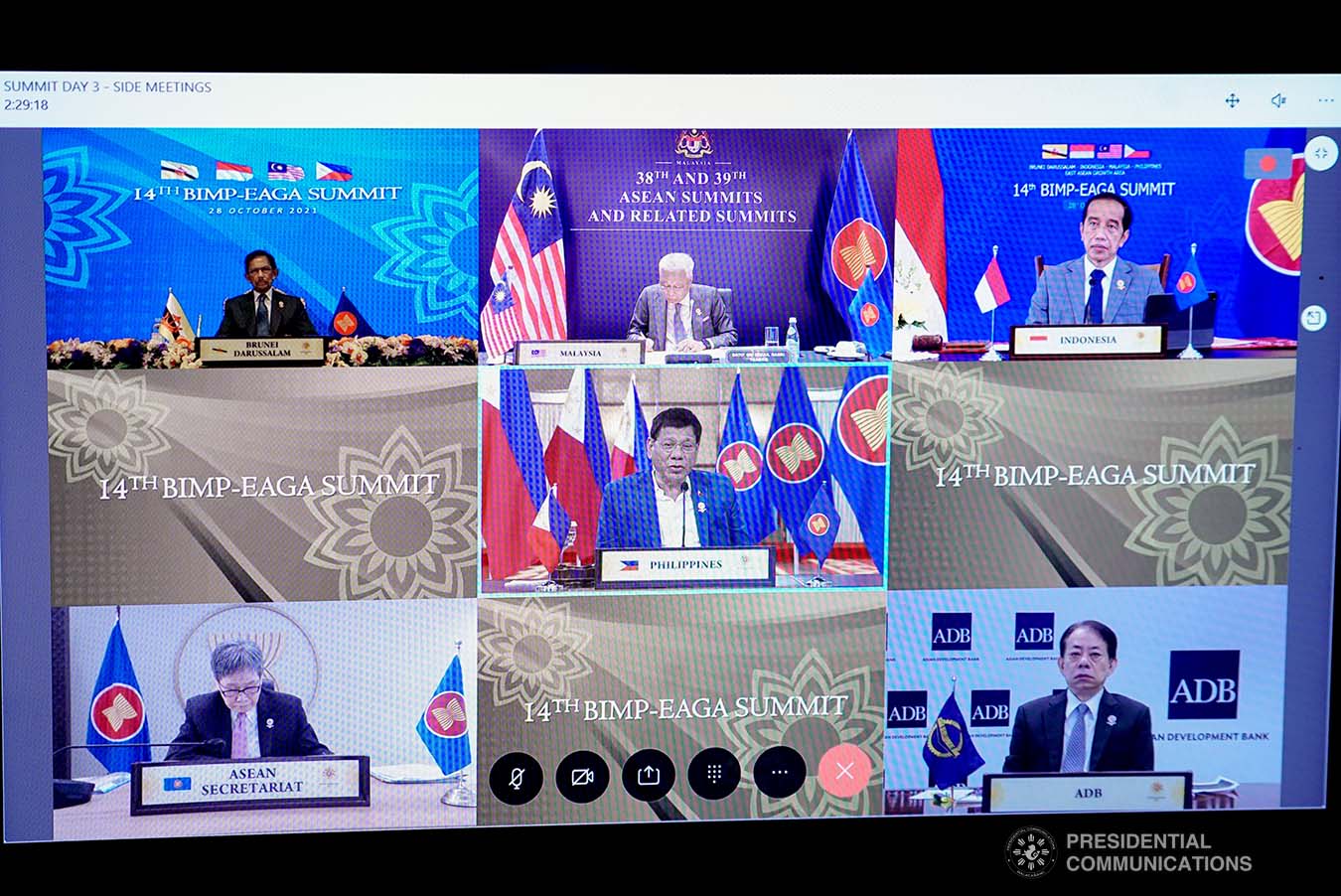 President Rodrigo Roa Duterte is shown on-screen with Brunei Darussalam Sultan Haji Hassanal Bolkiah, Indonesia President Joko Widodo, and Malaysian Prime Minister Ismail Sabri Yaakob as this year's 14th virtual Brunei Darussalam–Indonesia–Malaysia–Philippines East ASEAN Growth Area (BIMP-EAGA) Summit is live-streamed, at the Malacañang Palace on October 28, 2021. With them in the virtual summit are Asian Development Bank president Masatsugu Asakawa and from the ASEAN Secretariat. KING RODRIGUEZ/ PRESIDENTIAL PHOTO