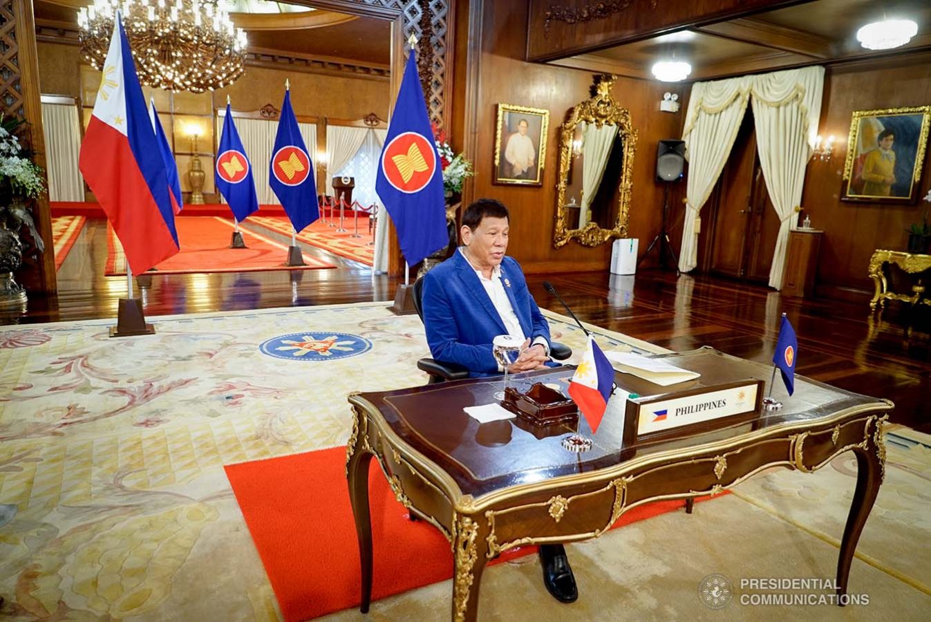 President Rodrigo Roa Duterte delivers his statements during the virtual 14th Brunei Darussalam–Indonesia–Malaysia–Philippines East ASEAN Growth Area (BIMP-EAGA) Summit at the Malacañang Palace on October 28, 2021. The virtual summit is attended by Brunei Darussalam Sultan Haji Hassanal Bolkiah, Indonesian President Joko Widodo, Malaysian Prime Minister Ismail Sabri Yaakob and Asian Development Bank president Masatsugu Asakawa. KING RODRIGUEZ/ PRESIDENTIAL PHOTO