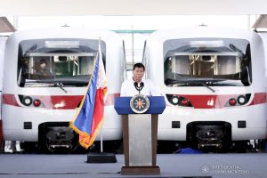 President Rodrigo Roa Duterte delivers his speech during the unveiling of brand- new train sets for the Metro Rail Transit Line 7 (MRT-7) along Commonwealth Avenue in Diliman, Quezon City on December 16, 2021. ALBERTO ALCAIN/ PRESIDENTIAL PHOTO