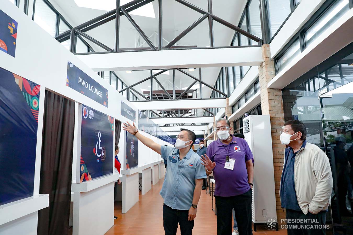 President Rodrigo Roa Duterte, accompanied by Senator Christopher Lawrence "Bong" Go and Transportation Secretary Arthur Tugade, inspects the facilities of the newly constructed Malasakit Hall at the Zamboanga International Airport in Zamboanga City on December 2, 2021. TOTO LOZANO/ PRESIDENTIAL PHOTO