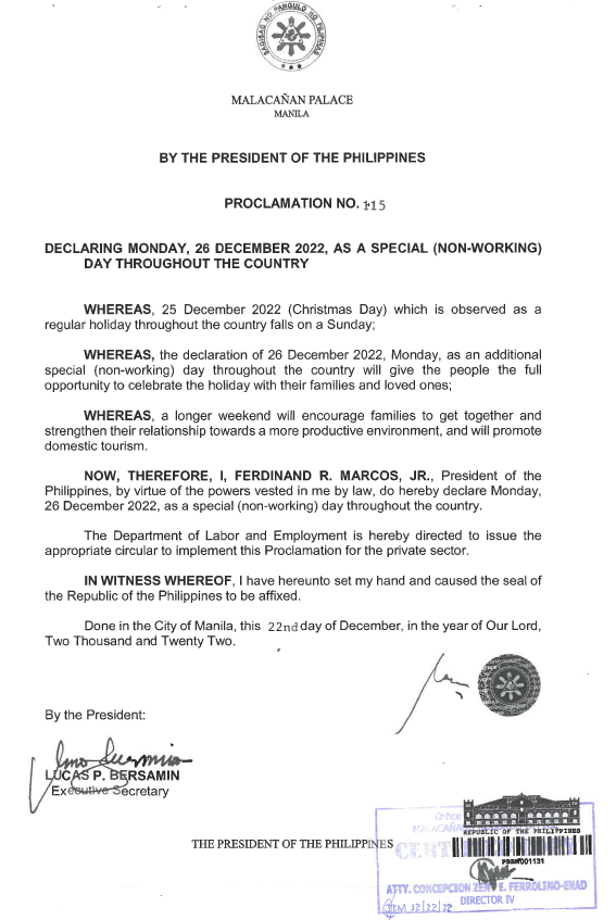Proclamation No. 115 Declaring Monday, 26 December 2022, as a special
