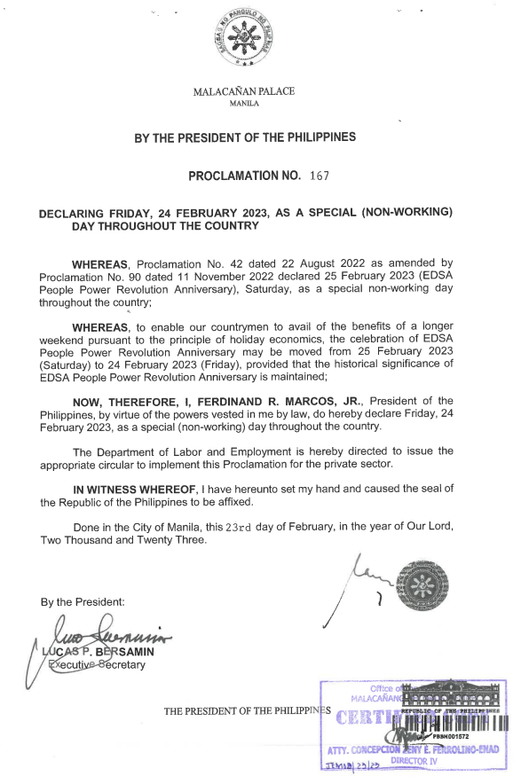 Proclamation No. 167 Declaring Friday, 24 February 2023, a special